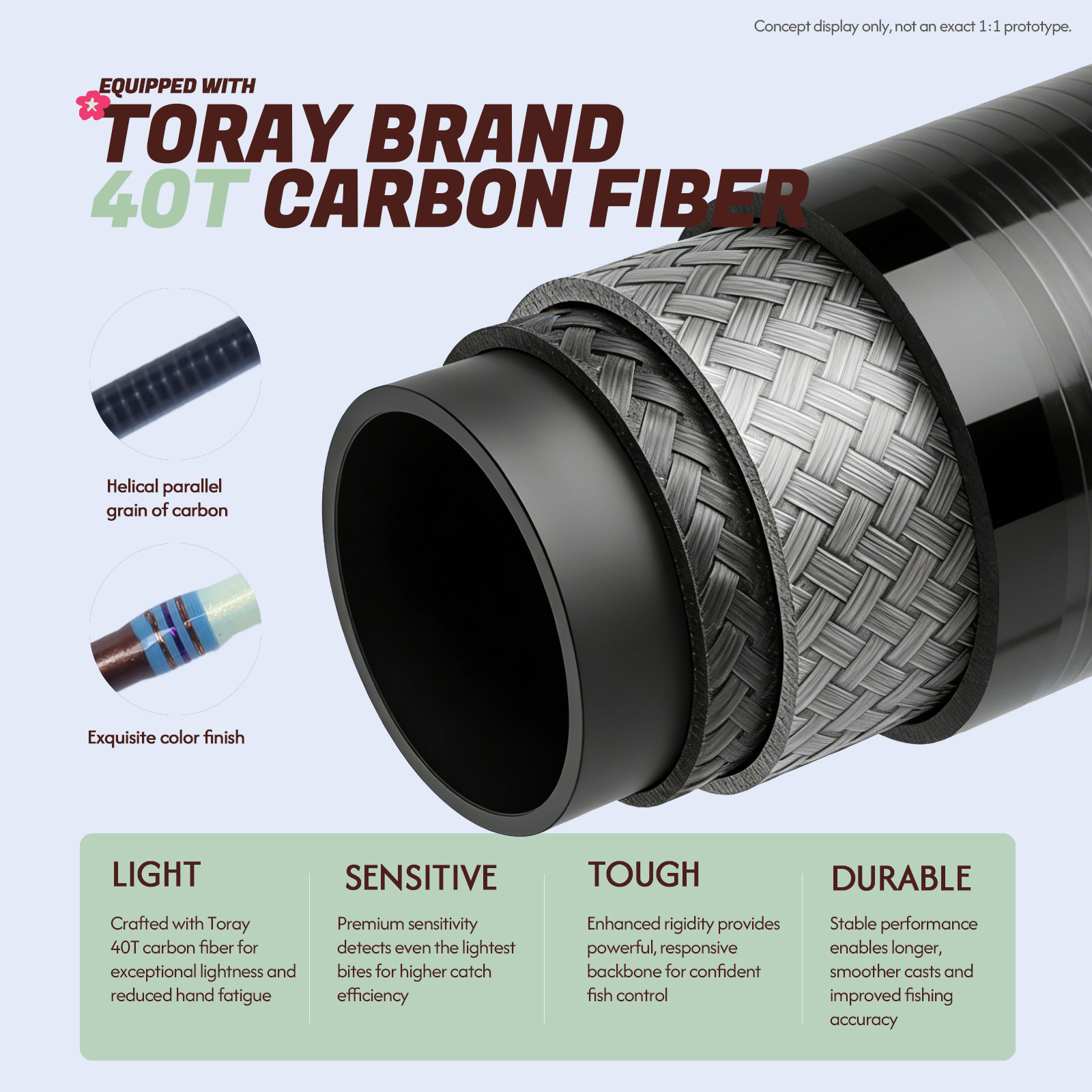 KUYING fishing rod featuring Toray 40T carbon fiber for lightweight, sensitive, tough, and durable fishing tackle.