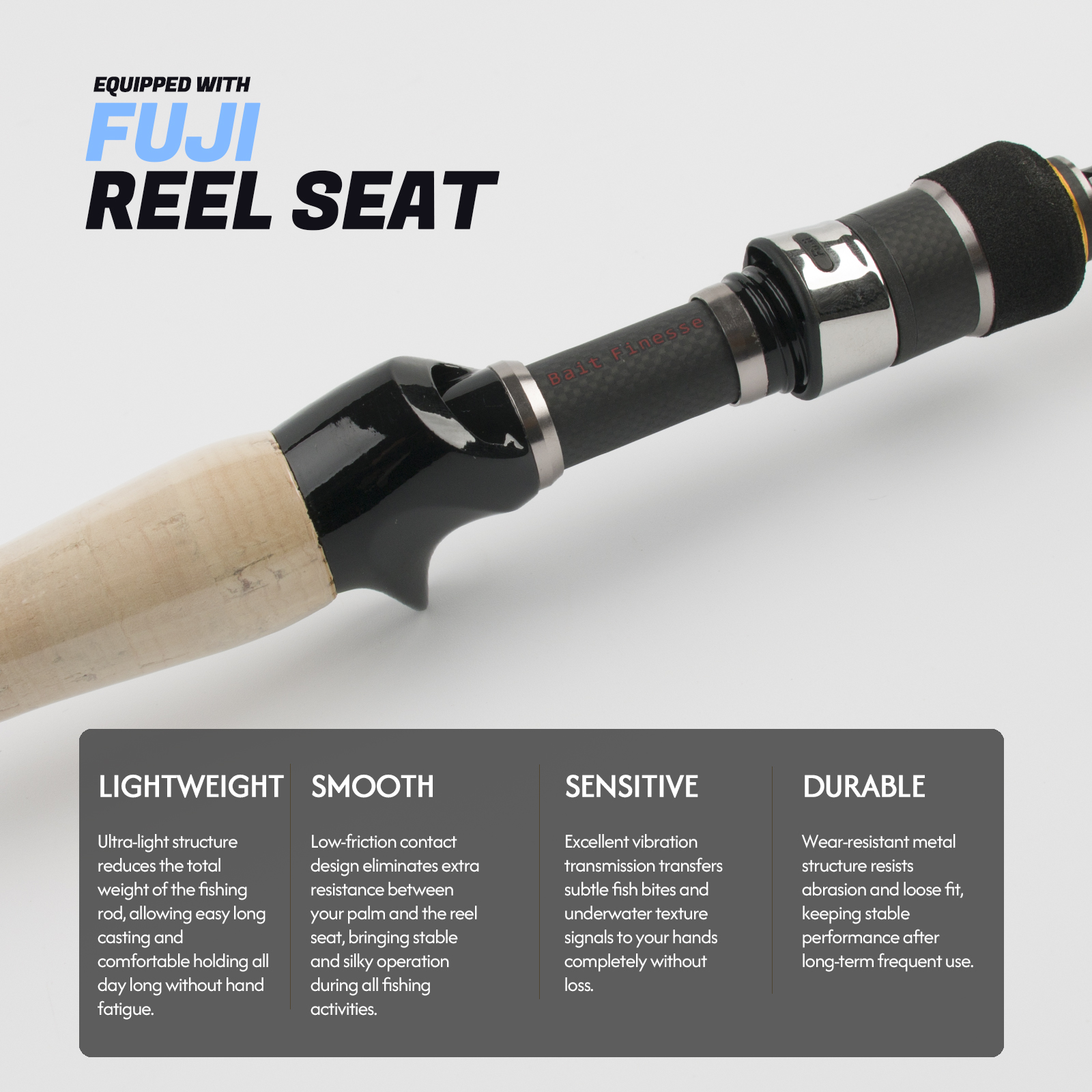 KUYING fishing rod with Fuji reel seat, lightweight, smooth, sensitive, durable fishing tackle.